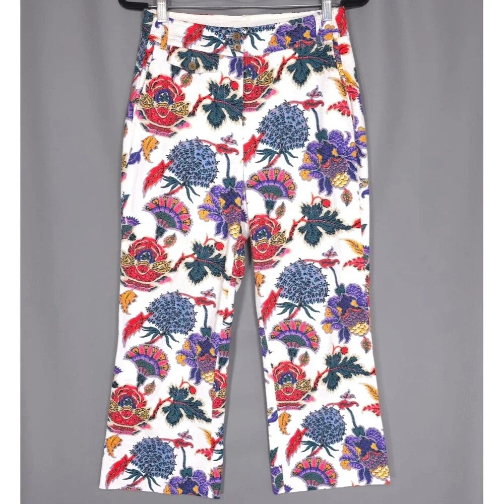 J.CREW Floral Print Cotton Pants White Pockets‎ Straight Leg Mid Rise Size 6